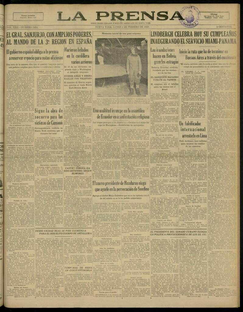 Miniatura de La Prensa: único diario español e hispano americano en Nueva York, del 4 de febrero de 1929, nº 3450