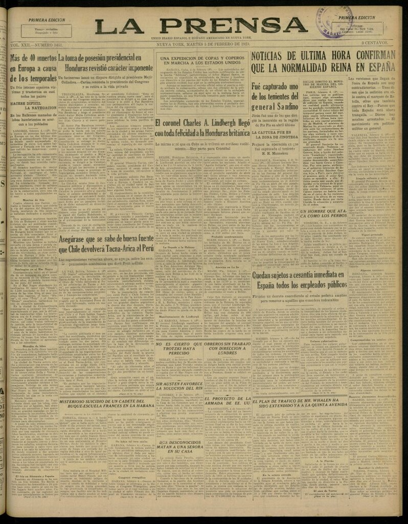 Miniatura de La Prensa: único diario español e hispano americano en Nueva York, del 5 de febrero de 1929, nº 3451