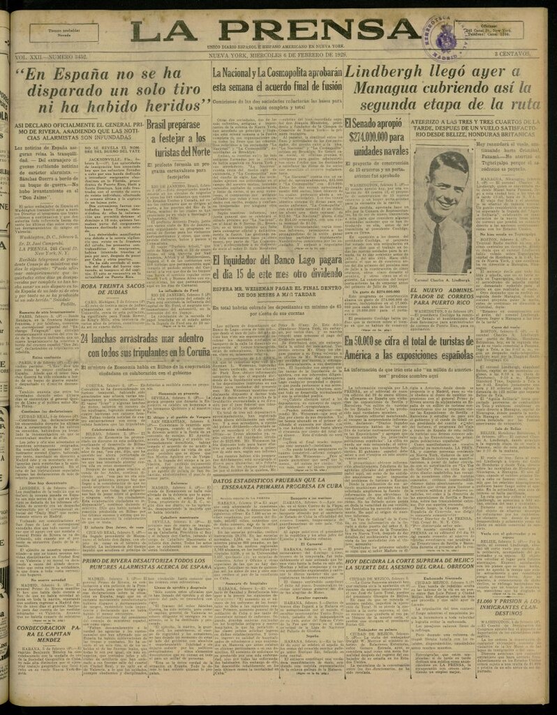 Miniatura de La Prensa: único diario español e hispano americano en Nueva York, del 6 de febrero de 1929, nº 3452