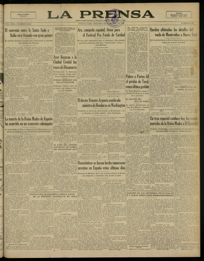 Miniatura de La Prensa: único diario español e hispano americano en Nueva York, del 8 de febrero de 1929, nº 3454