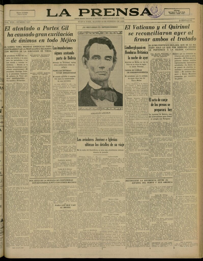 Miniatura de La Prensa: único diario español e hispano americano en Nueva York, del 12 de febrero de 1929, nº 3457