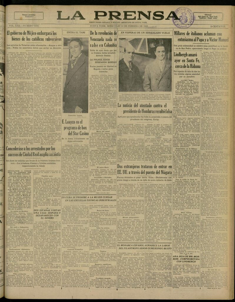 Miniatura de La Prensa: único diario español e hispano americano en Nueva York, del 13 de febrero de 1929, nº 3458