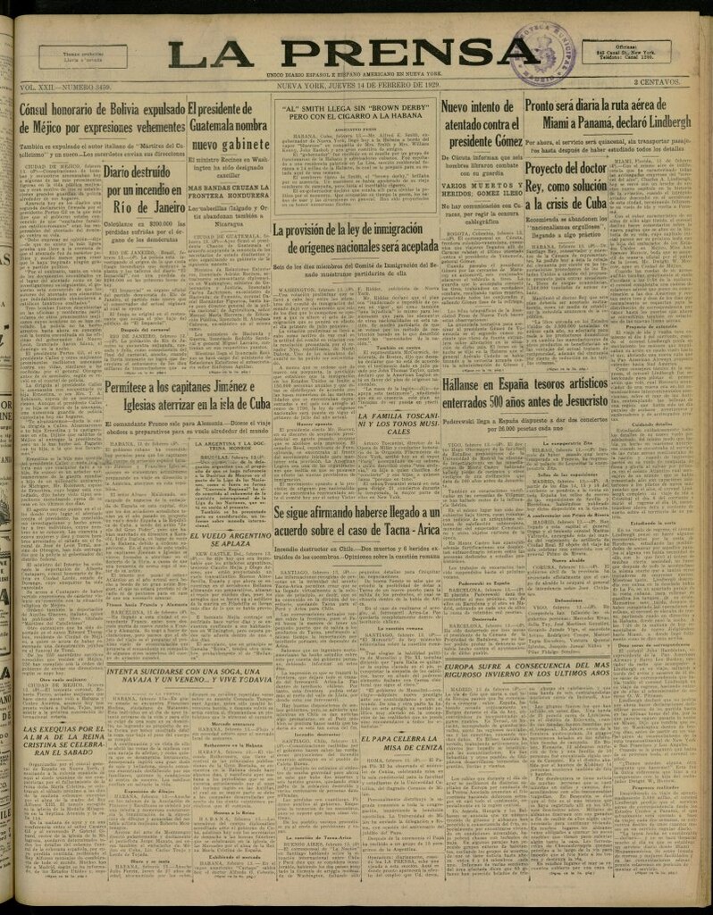 Miniatura de La Prensa: único diario español e hispano americano en Nueva York, del 14 de febrero de 1929, nº 3459