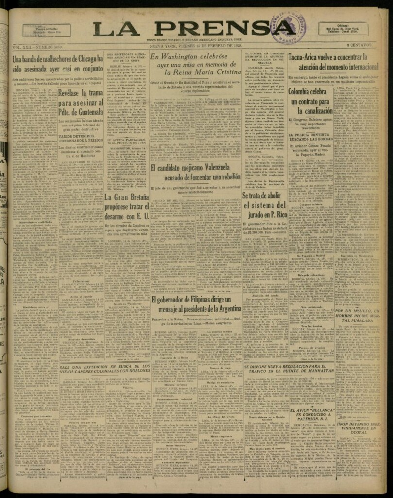 Miniatura de La Prensa: único diario español e hispano americano en Nueva York, del 15 de febrero de 1929, nº 3460