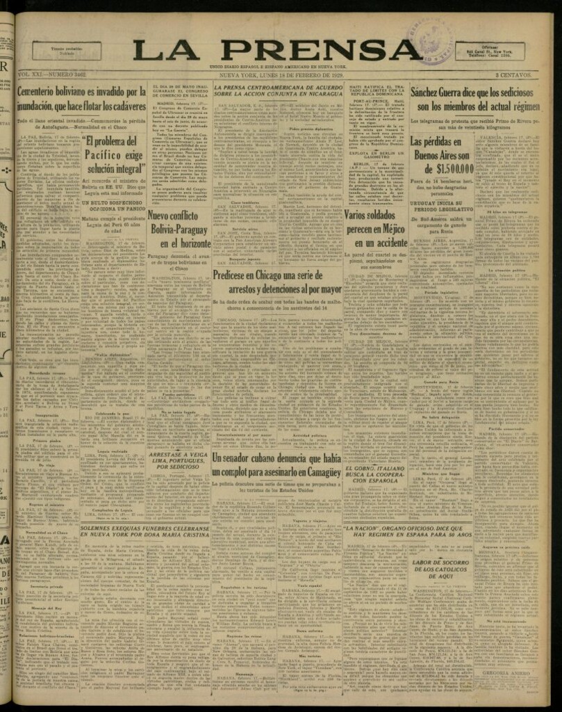 Miniatura de La Prensa: único diario español e hispano americano en Nueva York, del 18 de febrero de 1929, nº 3462