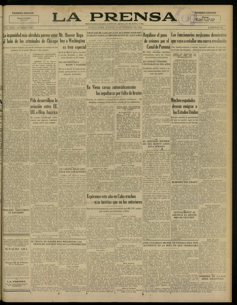 Miniatura de La Prensa: único diario español e hispano americano en Nueva York, del 19 de febrero de 1929, nº 3463