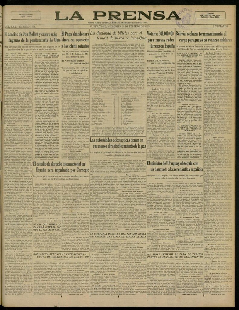 Miniatura de La Prensa: único diario español e hispano americano en Nueva York, del 20 de febrero de 1929, nº 3464