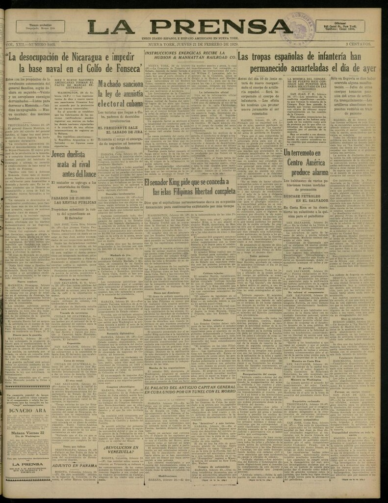 Miniatura de La Prensa: único diario español e hispano americano en Nueva York, del 21 de febrero de 1929, nº 3465