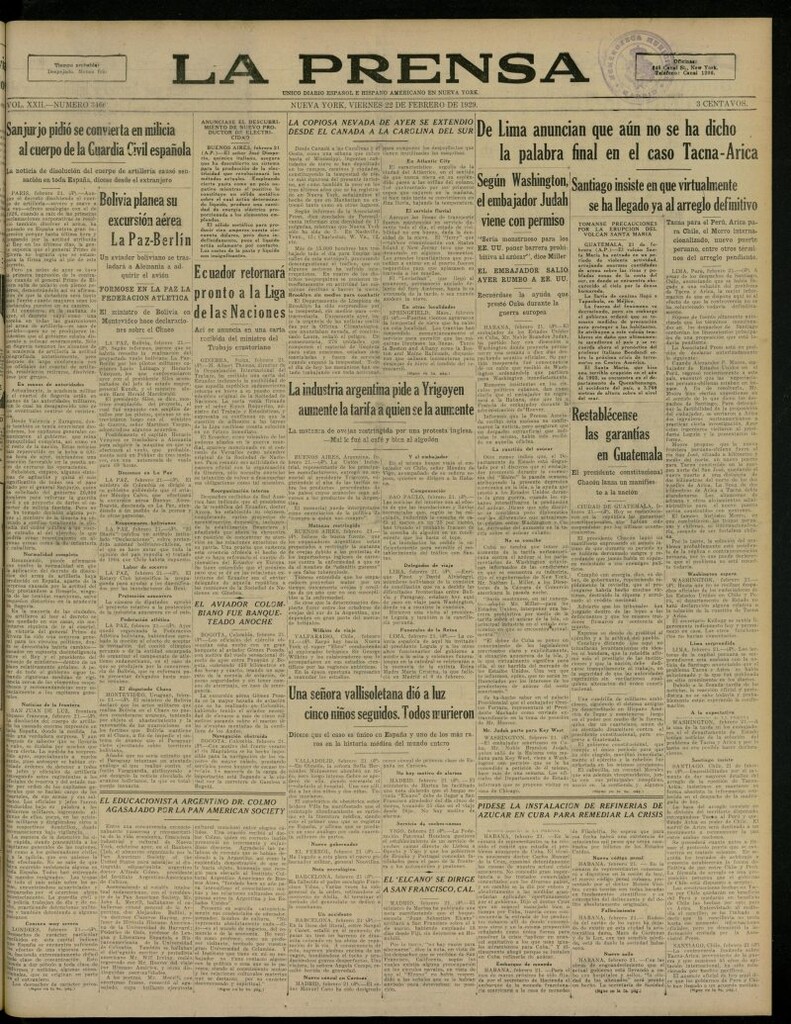 Miniatura de La Prensa: único diario español e hispano americano en Nueva York, del 22 de febrero de 1929, nº 3466