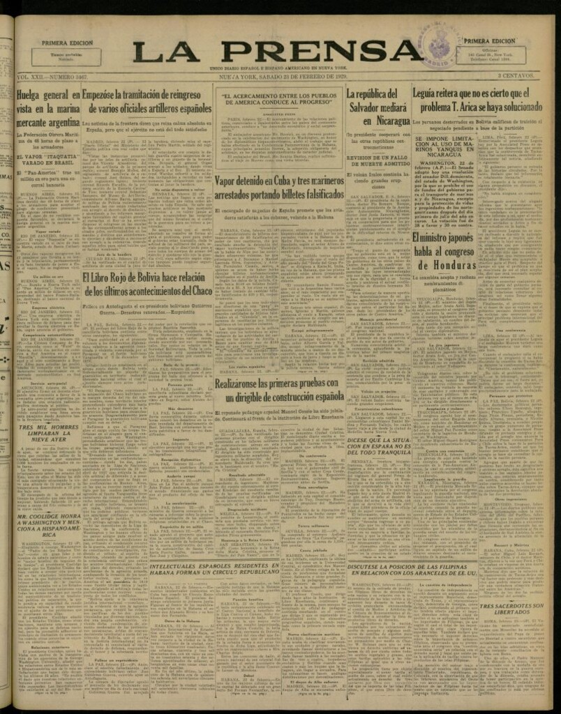 Miniatura de La Prensa: único diario español e hispano americano en Nueva York, del 23 de febrero de 1929, nº 3467