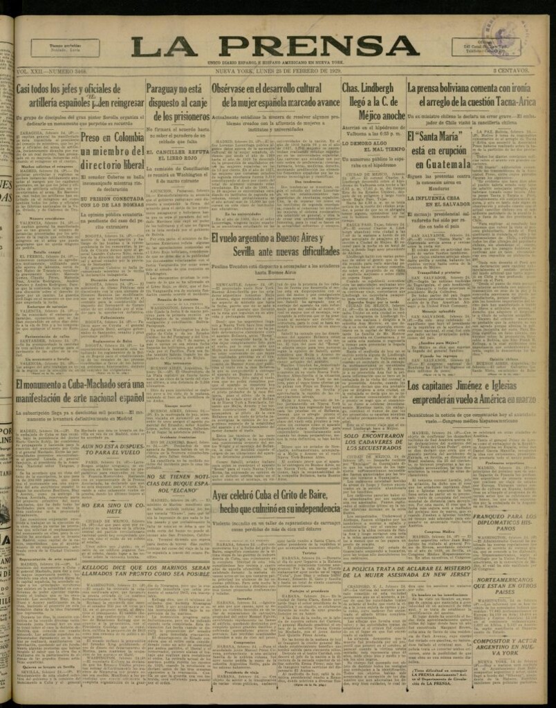 Miniatura de La Prensa: único diario español e hispano americano en Nueva York, del 25 de febrero de 1929, nº 3468