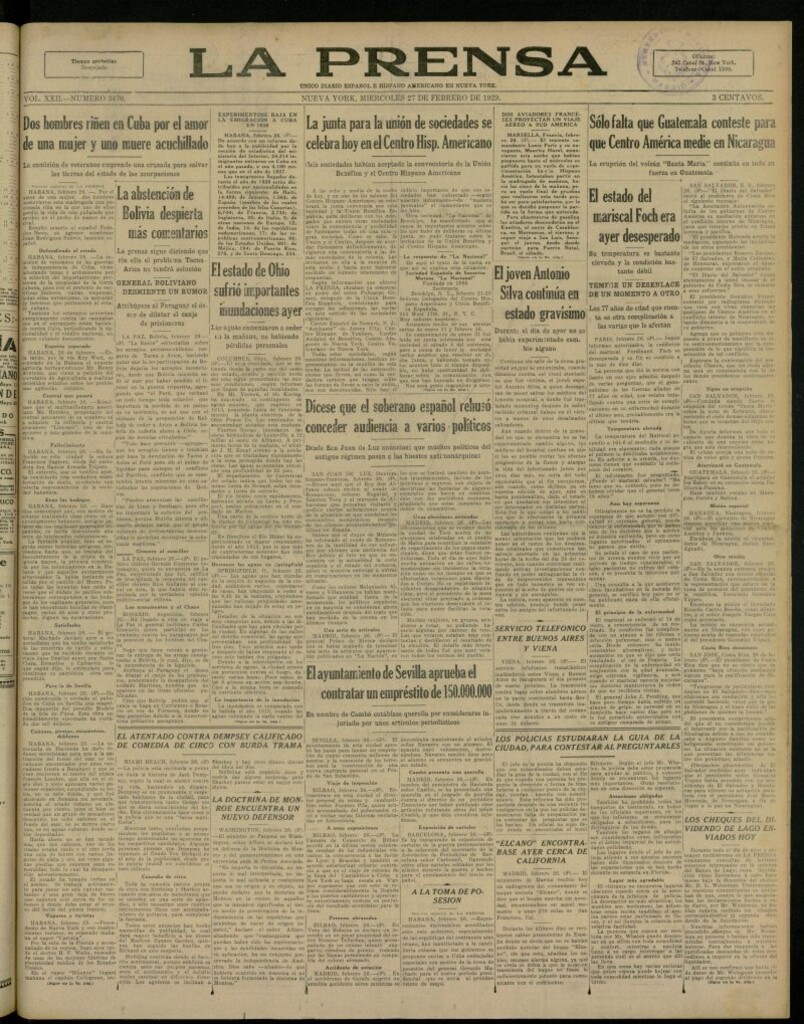 Miniatura de La Prensa: único diario español e hispano americano en Nueva York, del 27 de febrero de 1929, nº 3470
