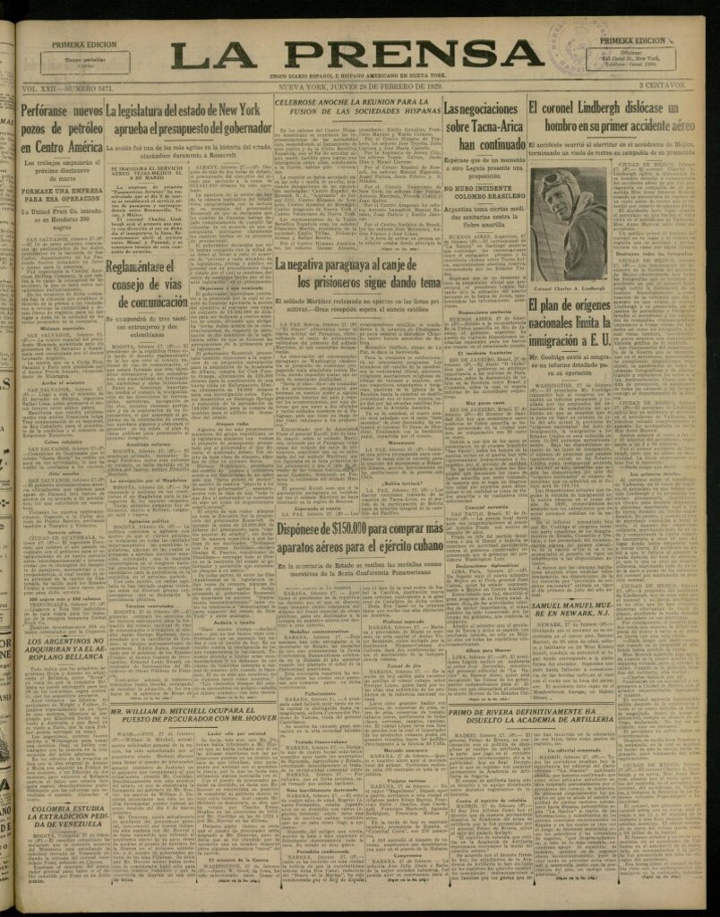 Miniatura de La Prensa: único diario español e hispano americano en Nueva York, del 28 de febrero de 1929, nº 3471