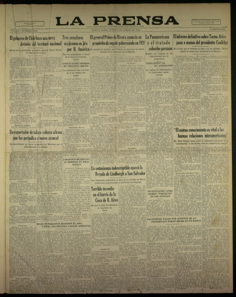 Miniatura de La Prensa: único diario español e hispano americano en Nueva York, del 2 de enero de 1928, nº 3108