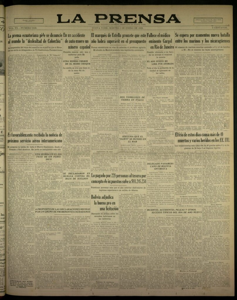 Miniatura de La Prensa: único diario español e hispano americano en Nueva York, del 3 de enero de 1928, nº 3109