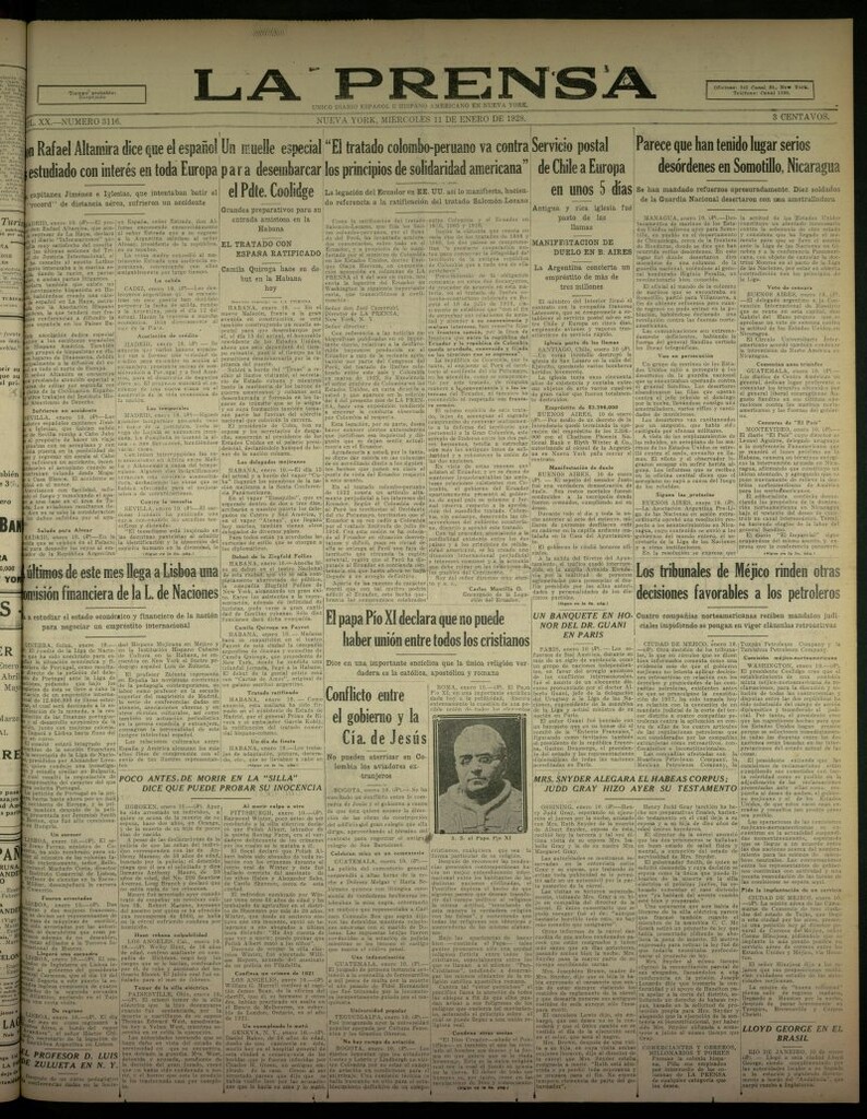 Miniatura de La Prensa: único diario español e hispano americano en Nueva York, del 11 de enero de 1928, nº 3116