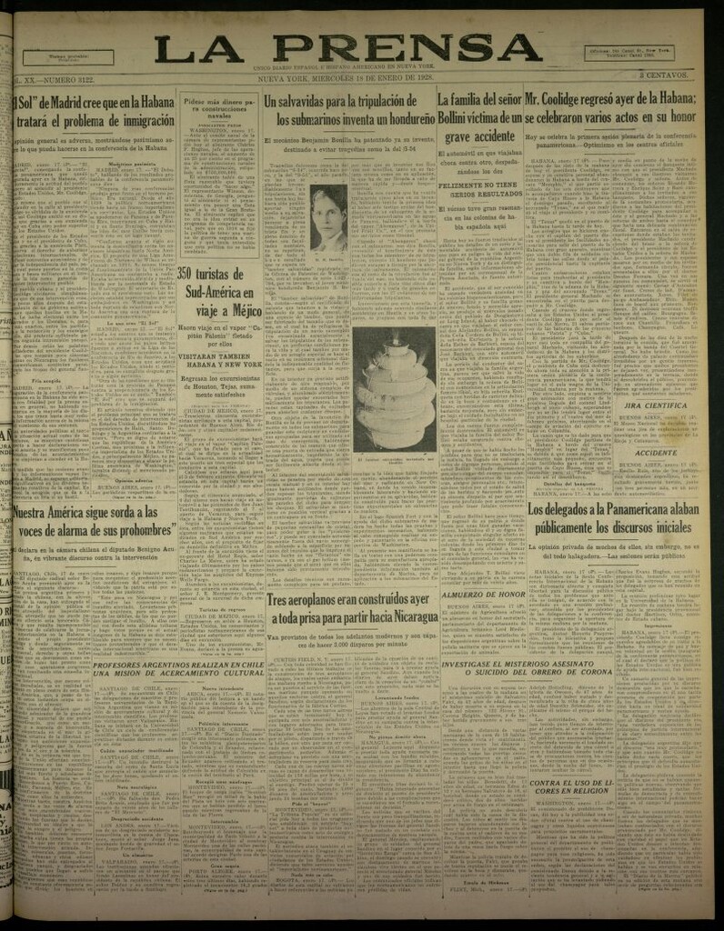 Miniatura de La Prensa: único diario español e hispano americano en Nueva York, del 18 de enero de 1928, nº 3122