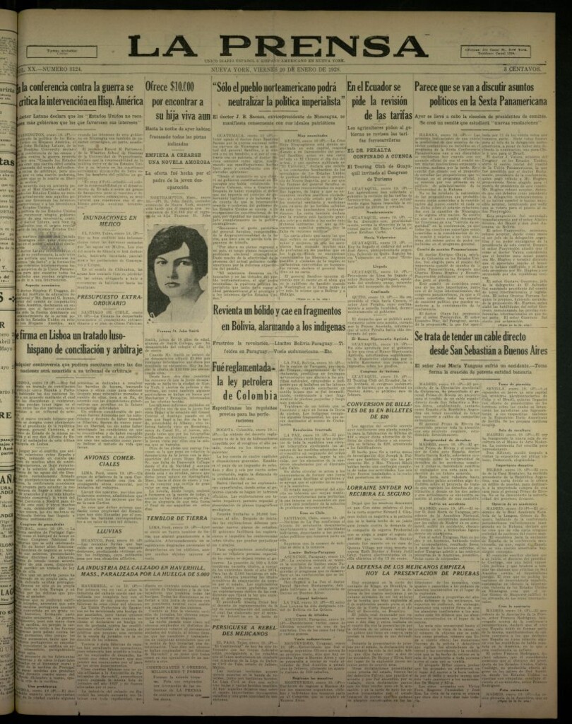 Miniatura de La Prensa: único diario español e hispano americano en Nueva York, del 20 de enero de 1928, nº 3124