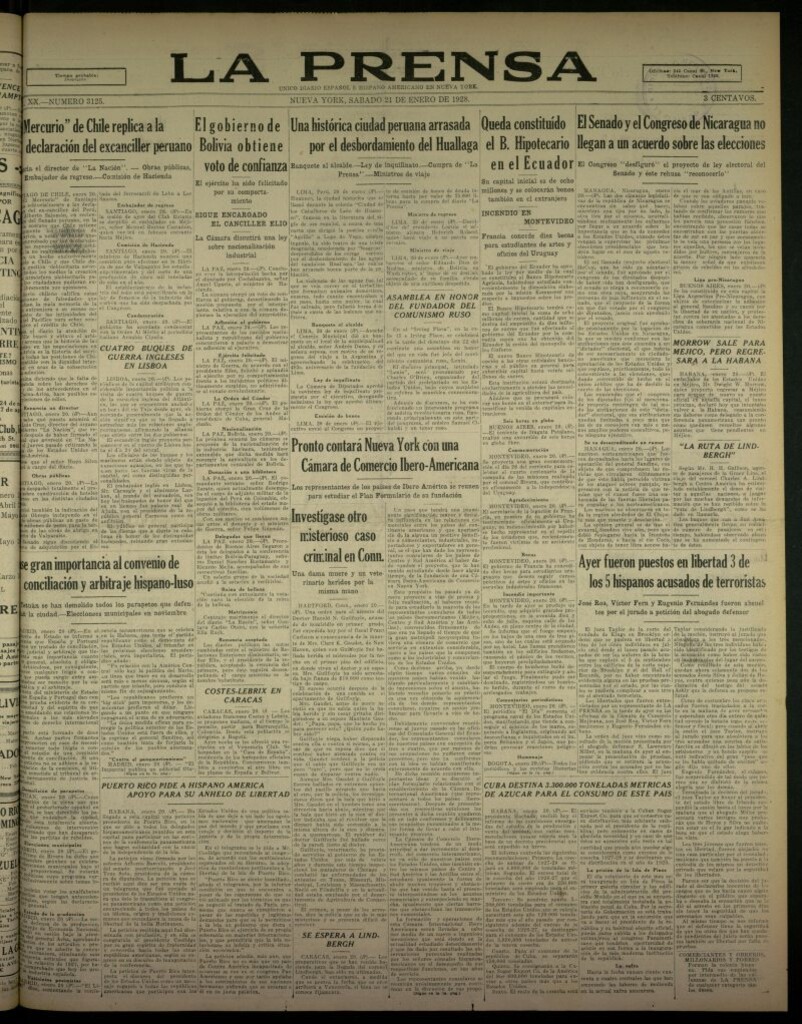 Miniatura de La Prensa: único diario español e hispano americano en Nueva York, del 21 de enero de 1928, nº 3125