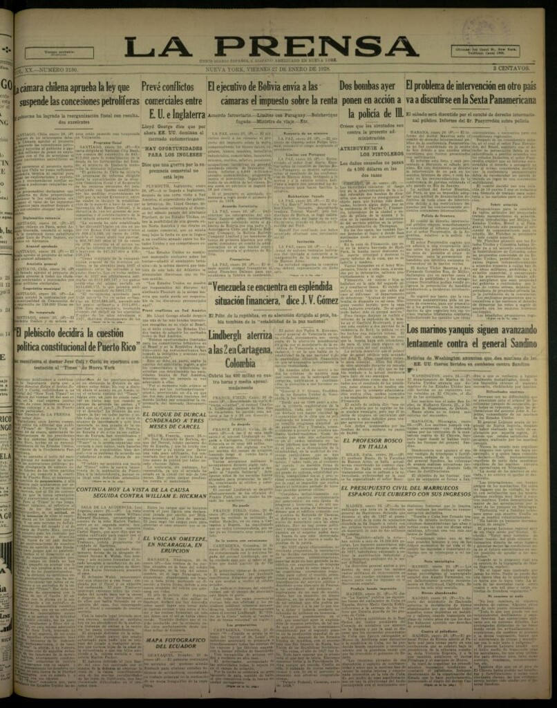 Miniatura de La Prensa: único diario español e hispano americano en Nueva York, del 27 de enero de 1928, nº 3130