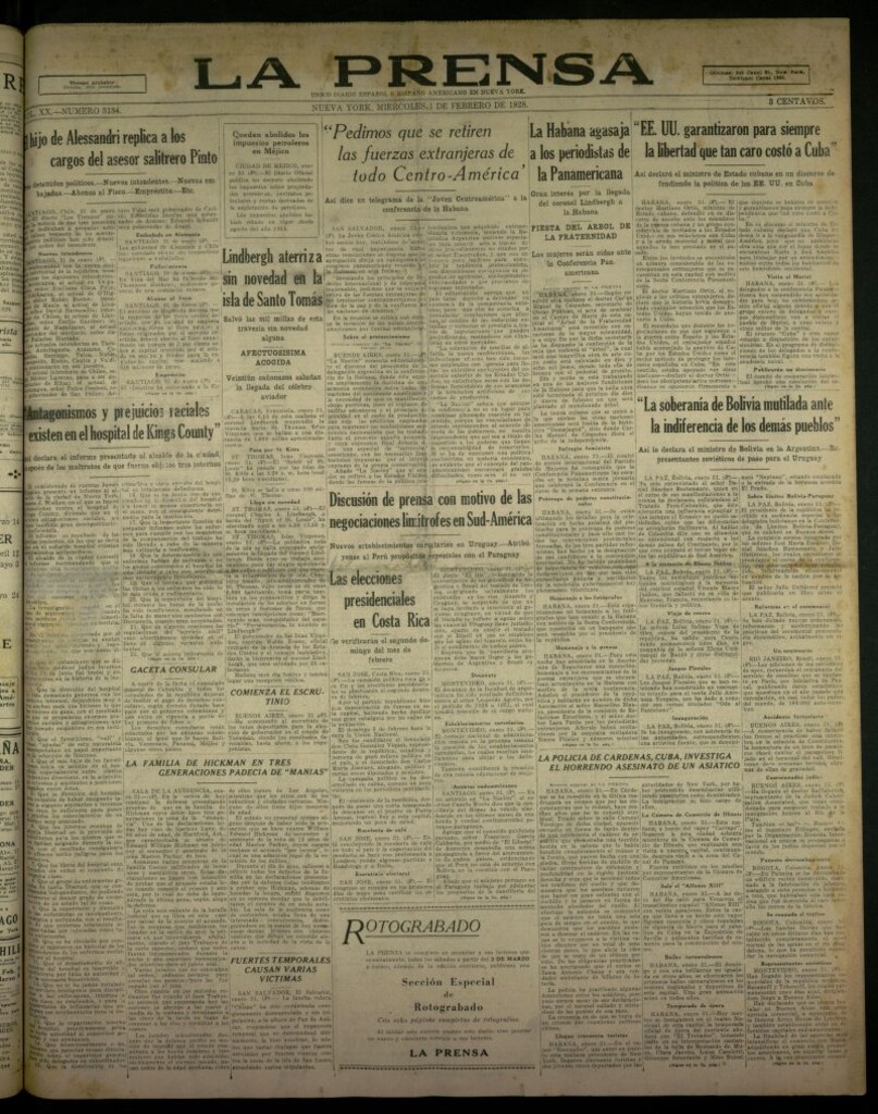 Miniatura de La Prensa: único diario español e hispano americano en Nueva York, del 1 de febrero de 1928, nº 3134