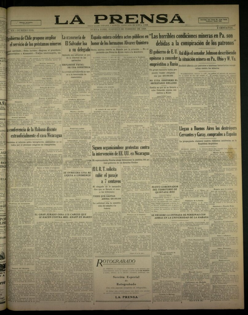 Miniatura de La Prensa: único diario español e hispano americano en Nueva York., del 2 de febrero de 1928, nº 3135