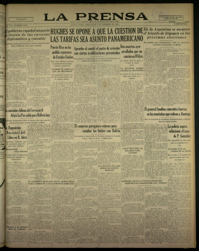 Miniatura de La Prensa: único diario español e hispano americano en Nueva York, del 8 de febrero de 1928,nº 3140