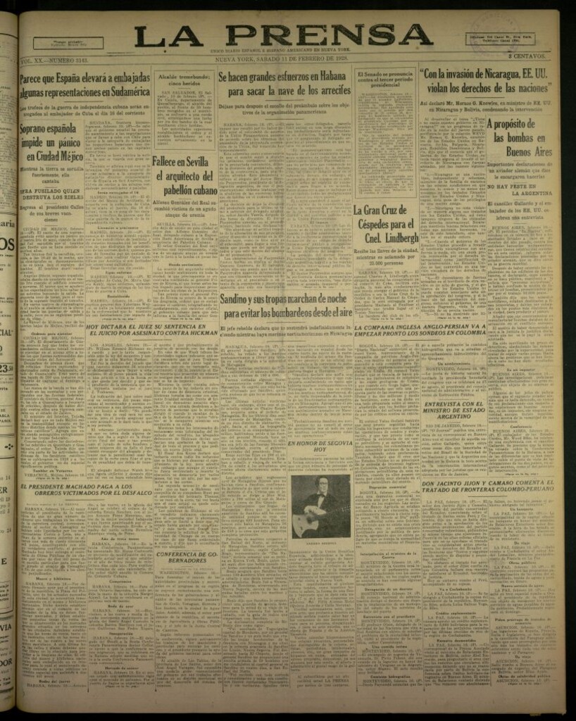 Miniatura de La Prensa: único diario español e hispano americano en Nueva York, del 11 de febrero de 1928, nº 3143