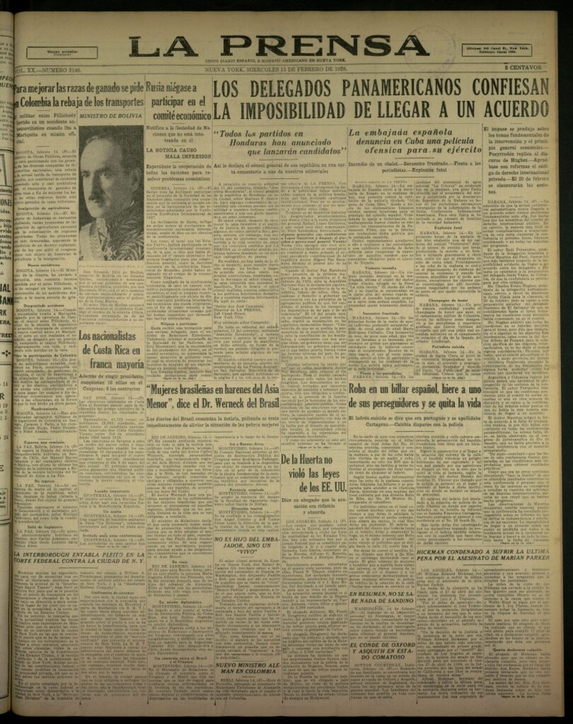 Miniatura de La Prensa: único diario español e hispano americano en Nueva York, del 15 de febrero de 1928, nº 3146