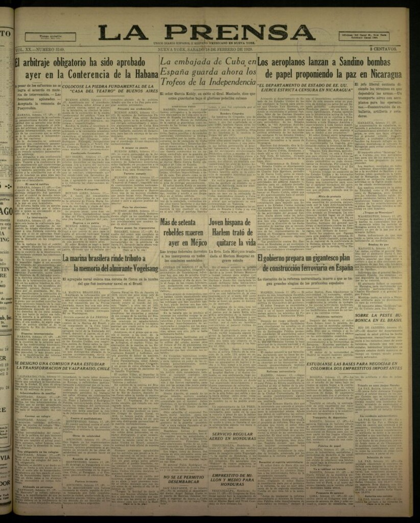 Miniatura de La Prensa: único diario español e hispano americano en Nueva York, del 18 de febrero de 1928, nº 3149