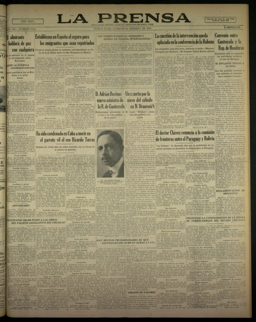 Miniatura de La Prensa: único diario español e hispano americano en Nueva York, del 20 de febrero de 1928, nº 3150