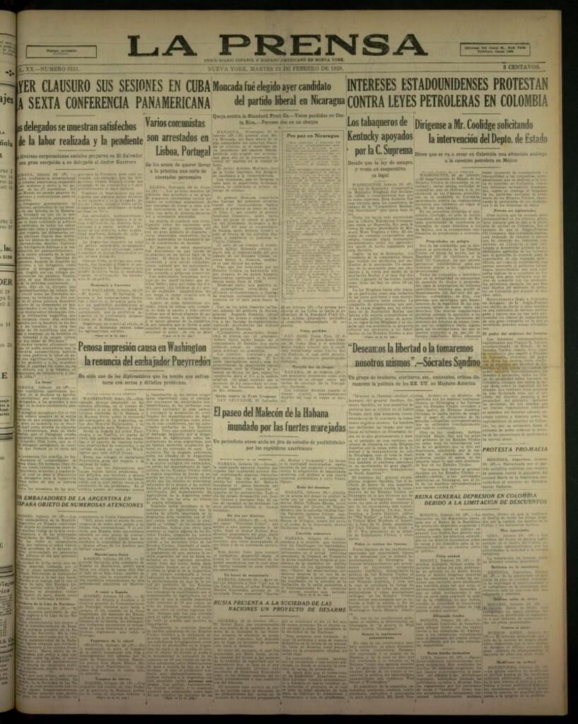 Miniatura de La Prensa: único diario español e hispano americano en Nueva York, del 21 de febrero de 1928, nº 3151