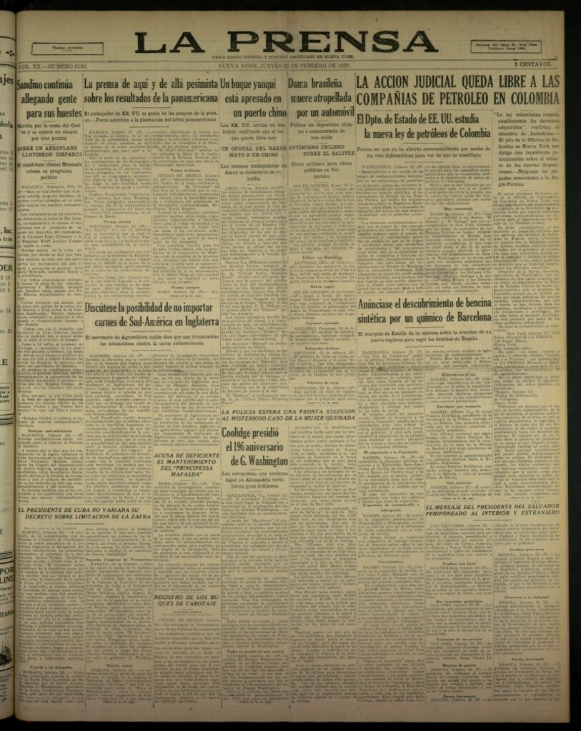 Miniatura de La Prensa: único diario español e hispano americano en Nueva York, del 23 de febrero de 1928, nº 3153