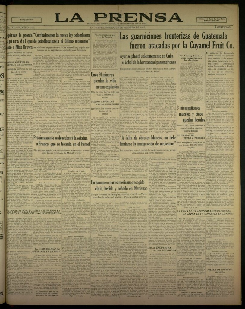 Miniatura de La Prensa: único diario español e hispano americano en Nueva York, del 25 de febrero de 1928, nº 3155