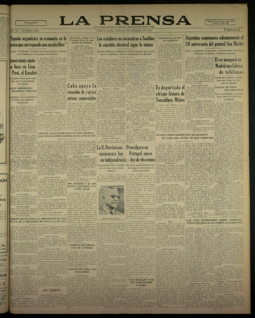 Miniatura de La Prensa: único diario español e hispano americano en Nueva York, del 27 de febrero de 1928, nº 3156