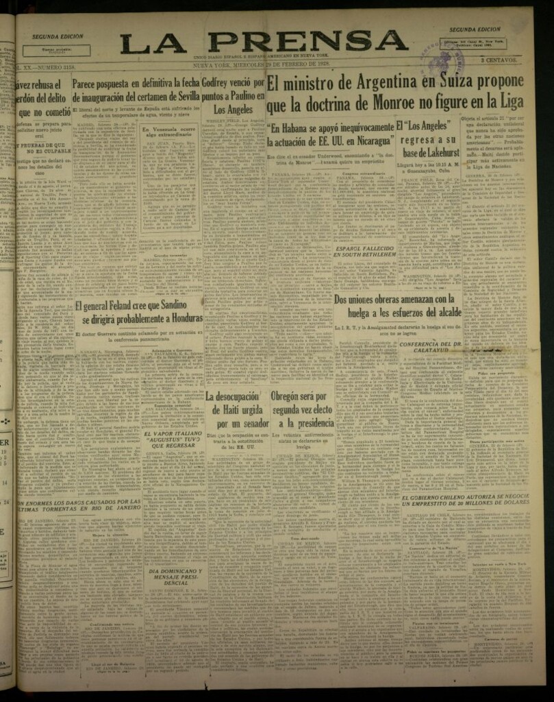 Miniatura de La Prensa: único diario español e hispano americano en Nueva York, del 29 de febrero de 1928, nº 3158