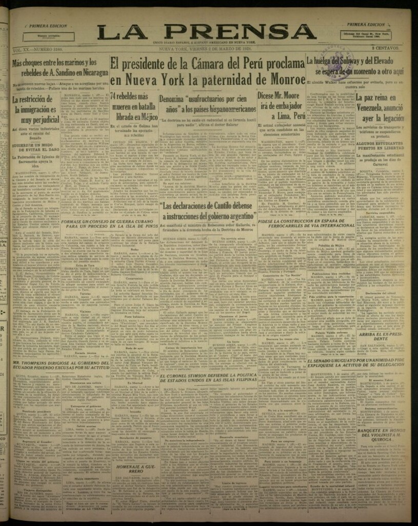 Miniatura de La Prensa: único diario español e hispano americano en Nueva York, del 2 de marzo de 1928, nº 6160