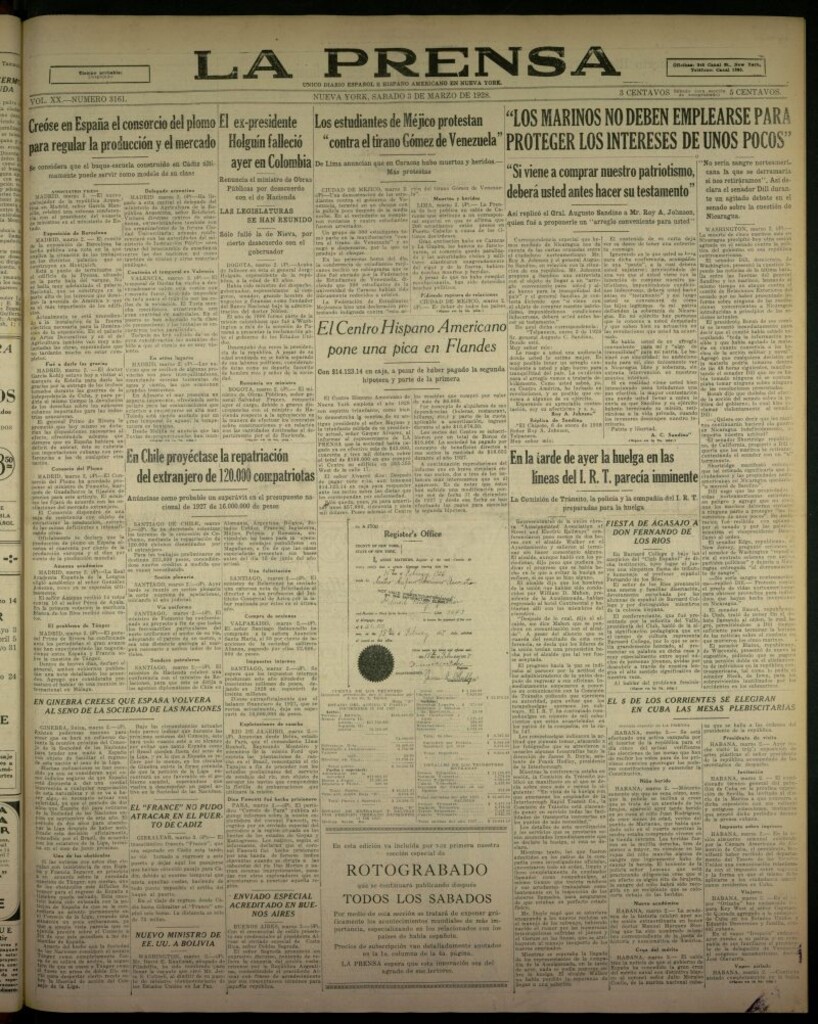 Miniatura de La Prensa: único diario español e hispano americano en Nueva York, del 3 de marzo de 1928, nº 3161