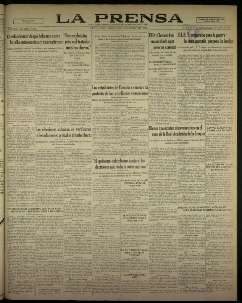 Miniatura de La Prensa: único diario español e hispano americano en Nueva York, del 7 de marzo de 1928, nº 3164