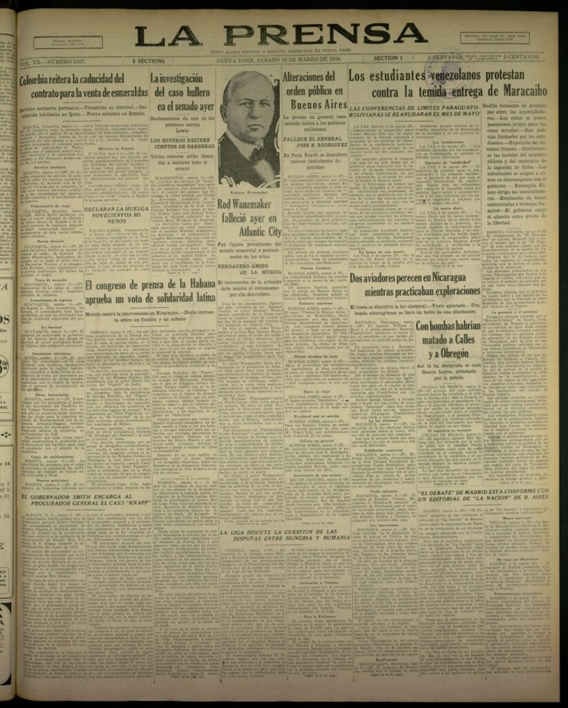 Miniatura de La Prensa: único diario español e hispano americano en Nueva York, del 10 de marzo de 1928, nº 3167
