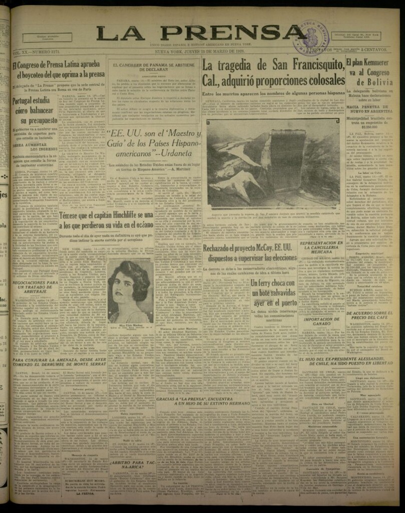 Miniatura de La Prensa: único diario español e hispano americano en Nueva York, del 15 de marzo de 1928, nº 3171