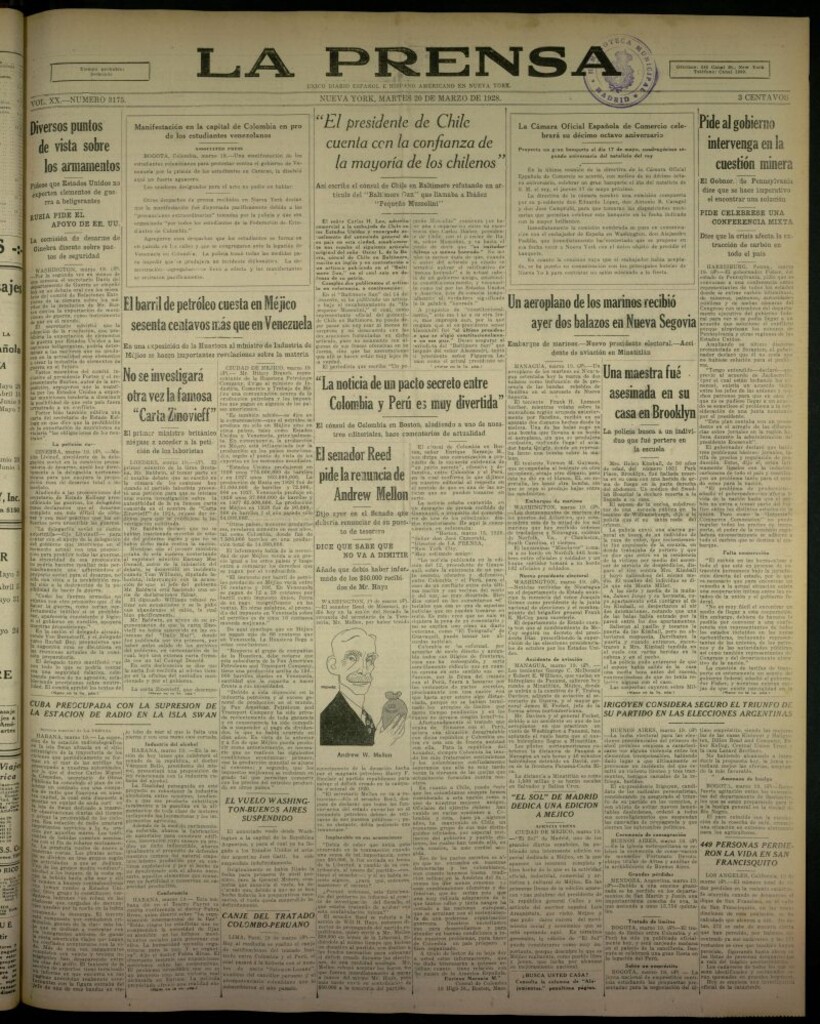Miniatura de La Prensa: único diario español e hispano americano en Nueva York, del 20 de marzo de 1928, nº 3175