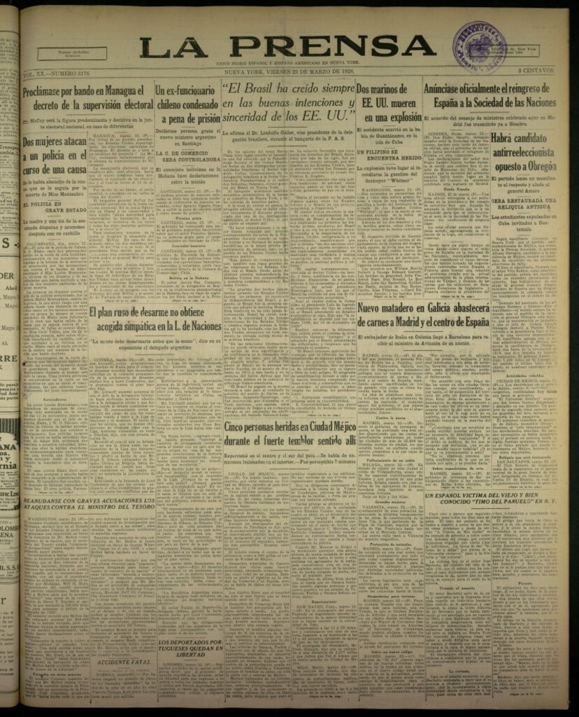Miniatura de La Prensa: único diario español e hispano americano en Nueva York, del 23 de marzo de 1928, nº 3178