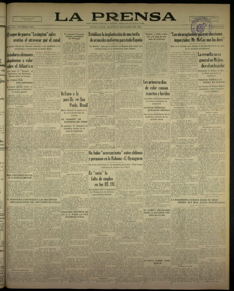 Miniatura de La Prensa: único diario español e hispano americano en Nueva York, del 27 de marzo de 1928, nº 3181