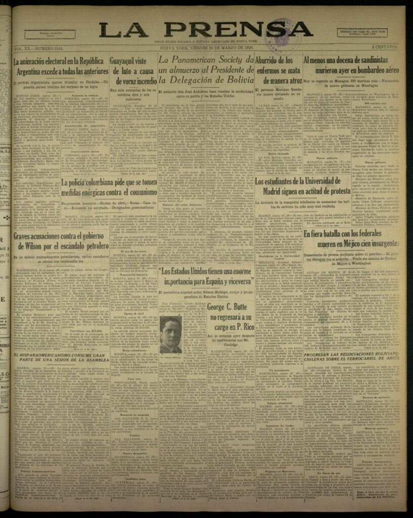 Miniatura de La Prensa: único diario español e hispano americano en Nueva York, del 30 de marzo de 1928, nº 3184