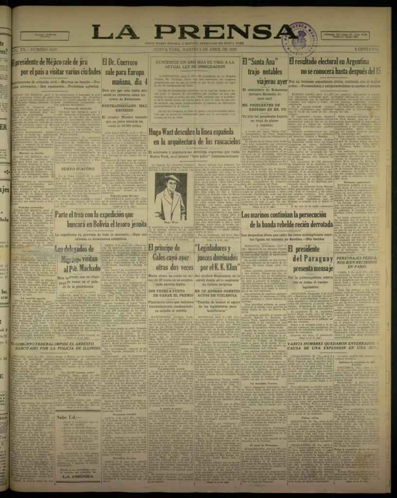 Miniatura de La Prensa: único diario español e hispano americano en Nueva York, del 3 de abril de 1928, nº 3187