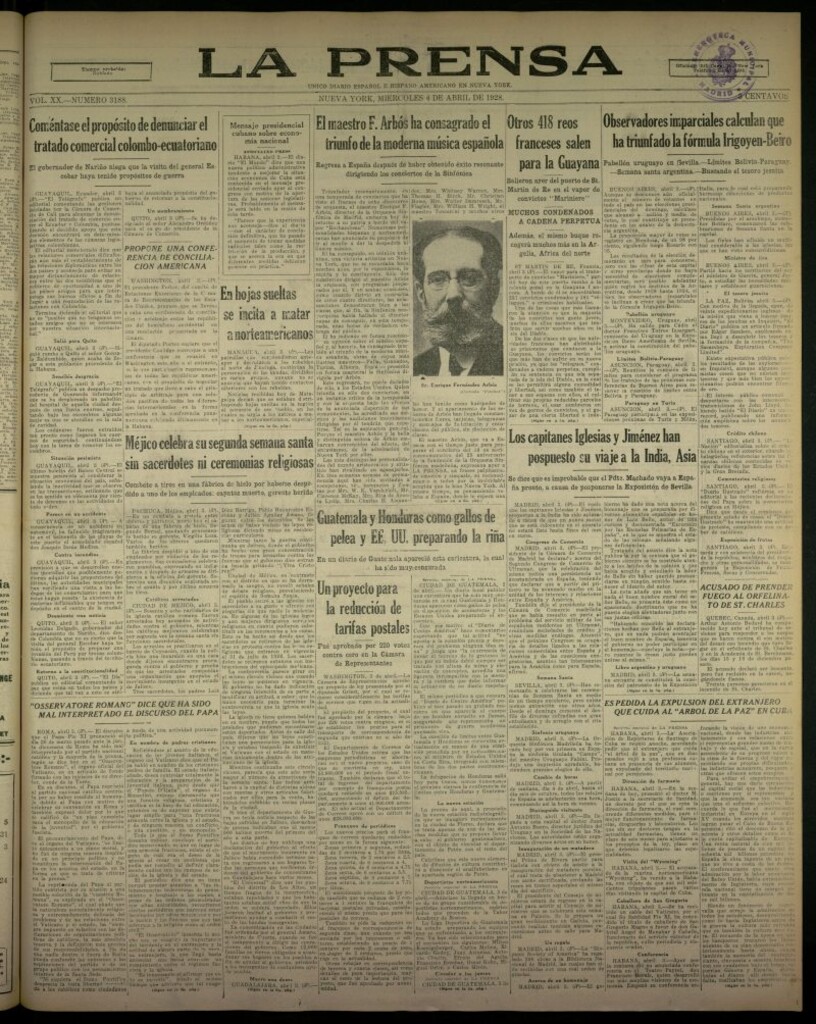 Miniatura de La Prensa: único diario español e hispano americano en Nueva York, del 4 de abril de 1928, nº 3188