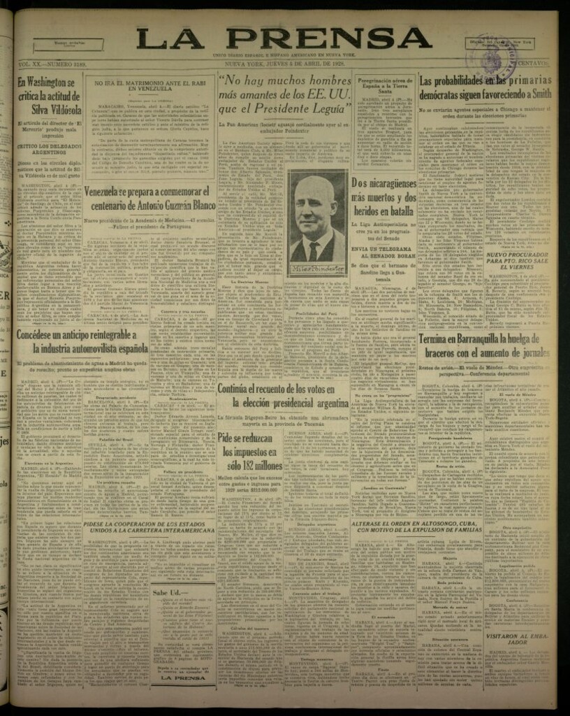 Miniatura de La Prensa: único diario español e hispano americano en Nueva York, del 5 de abril de 1928, nº 3189