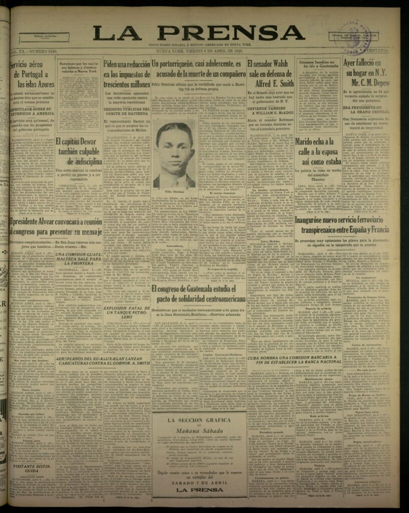 Miniatura de La Prensa: único diario español e hispano americano en Nueva York, del 6 de abril de 1928, nº 3190
