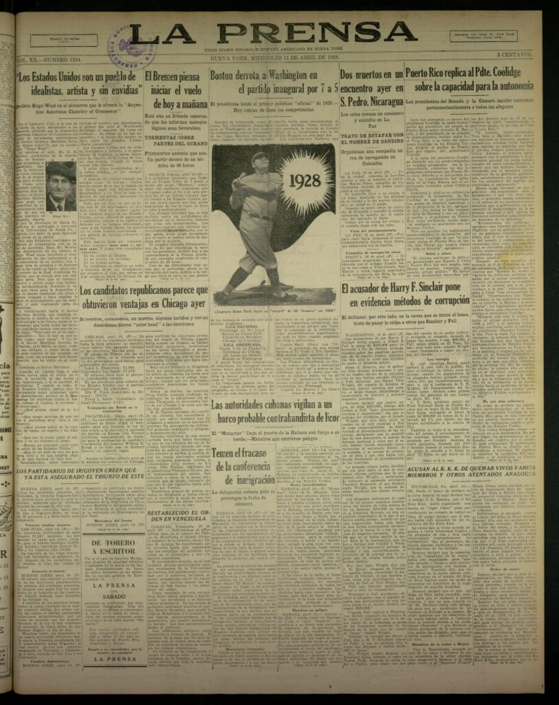 Miniatura de La Prensa: único diario español e hispano americano en Nueva York, del 11 de abril de 1928, nº 3194